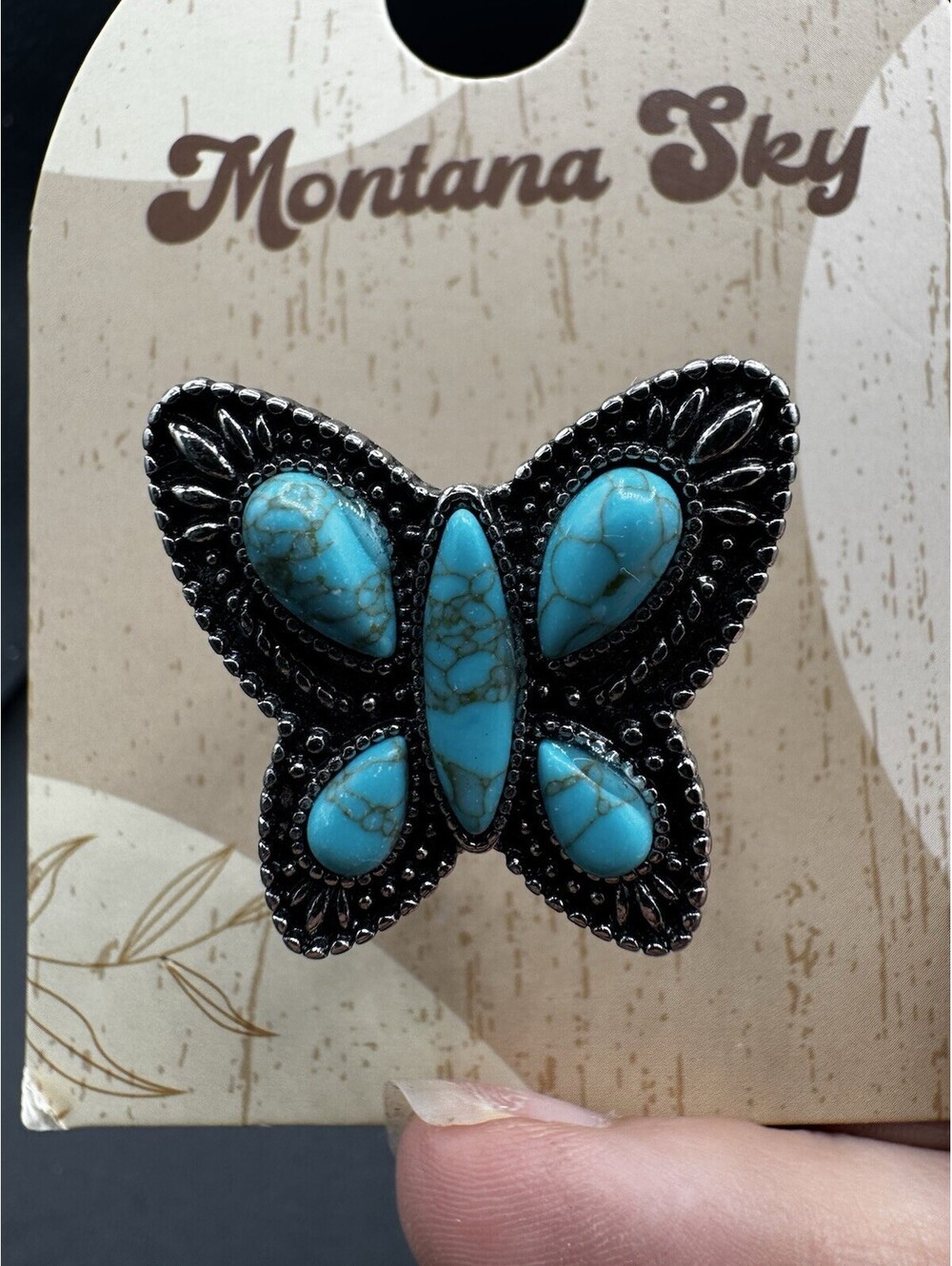 Montana Sky Turquoise Butterfly Stretch Ring Western Boho Silver Tone NWT